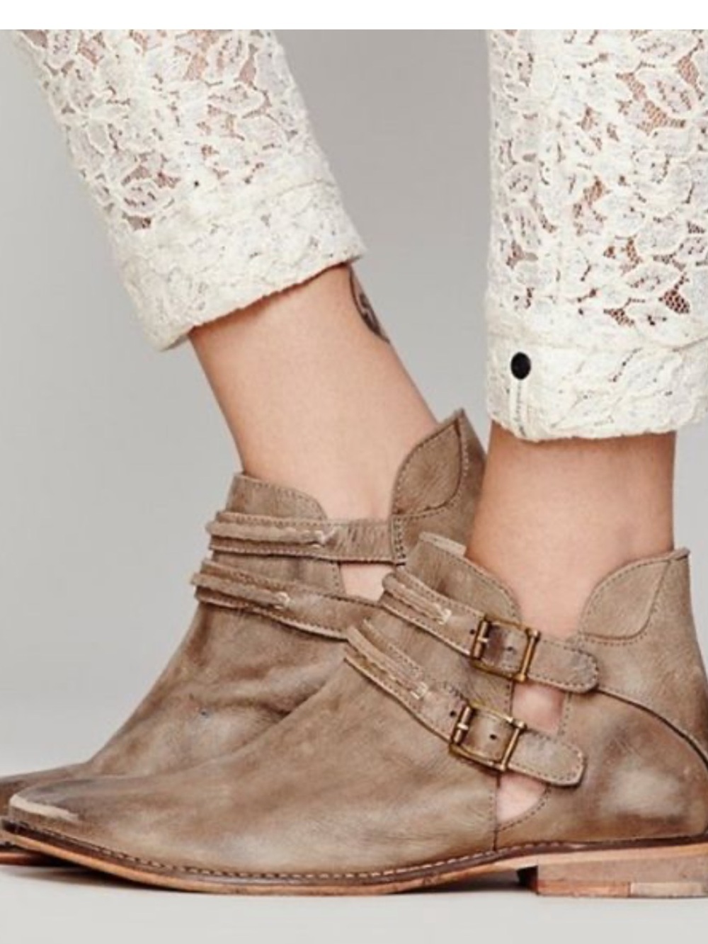 Free People Braeburn Taupe Double-Buckle Ankle Boots